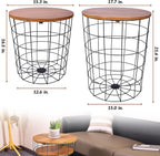 Elevon Wire Basket Base with Wood Tops Side Table Set of 2, Brown