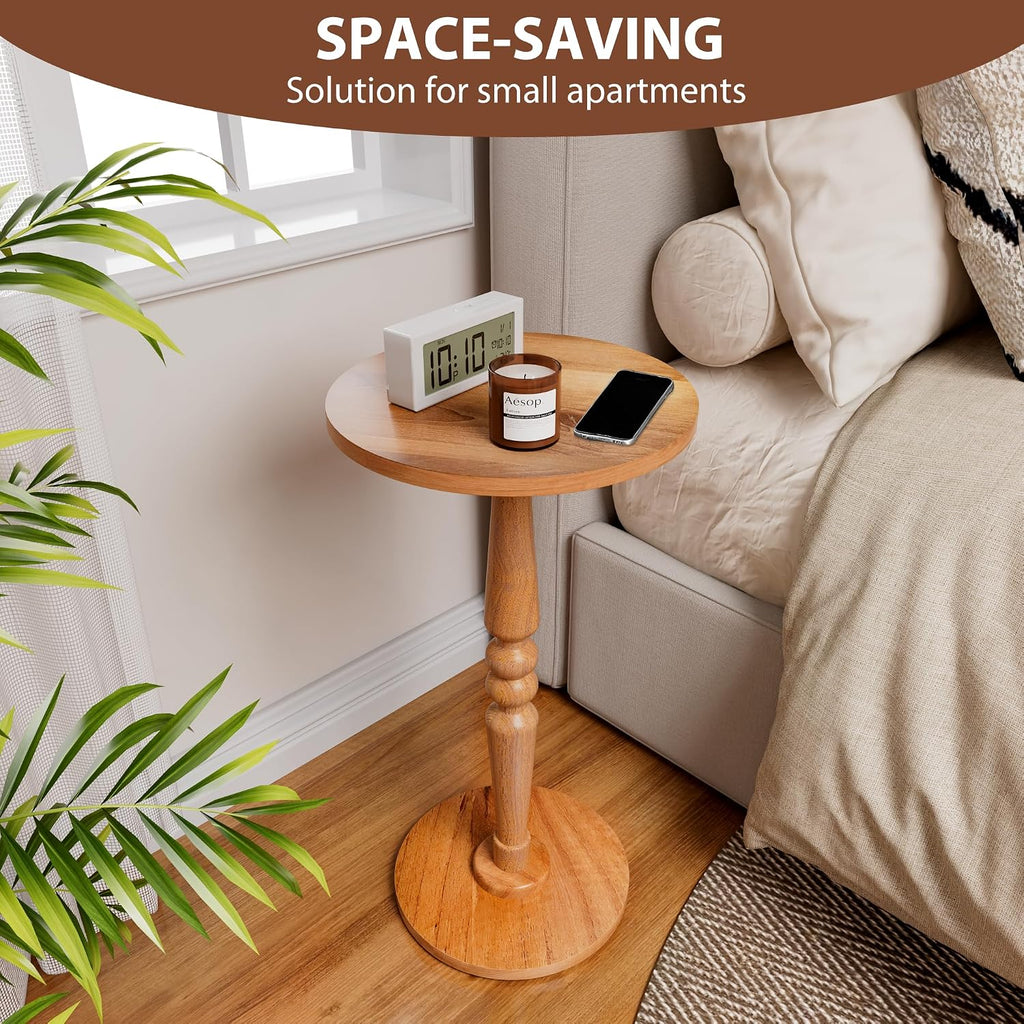 Small Wood Round Side Table - Accent Nightstand Pedestal Table for Living Room, Bedroom - Compact Coffee Table, Tea Table, Drink Table, End Table for Small Spaces, Corners, Office