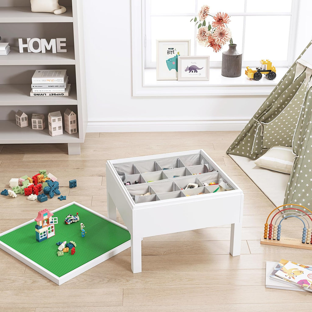 UTEX 3 in 1 Kids Activity Table with Storage, Kids Construction Play Table Compatible with Lego and Duplo Bricks, Chess Table for Building Block, Drawing, Crafts