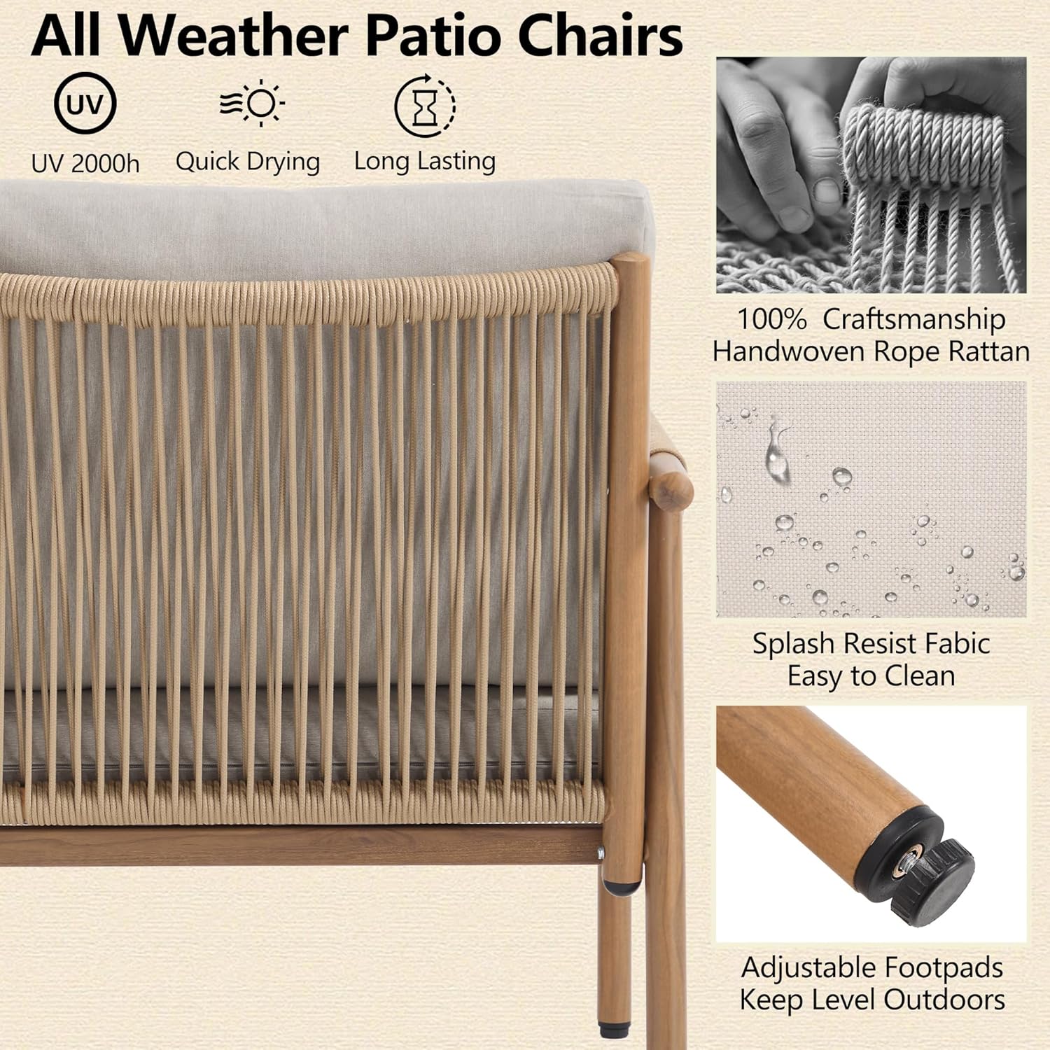 Outdoor Accent Chair, Patio Lounge Chairs Set of 2 with Hand-Woven Rope & Waterproof Cushions, Comfy Metal Patio Outdoor Chair, All-Weather Balcony Seating for Garden/Porch/Poolside, Grey