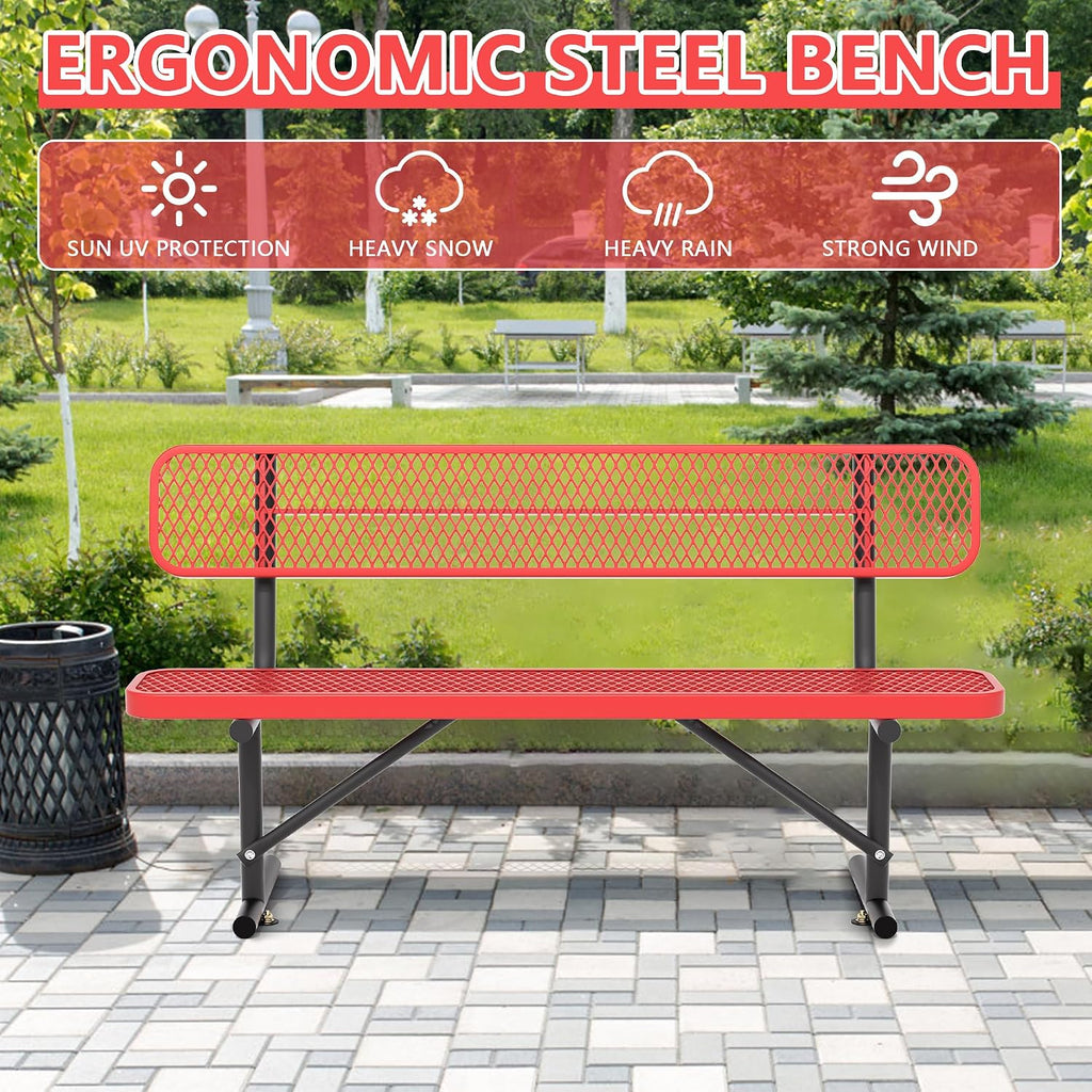 6ft Metal Park Bench with Backrest, Heavy-Duty Steel Outdoor Bench Weatherproof Playground Bench Seats, Commercial Garden Benches Red Dock Benches for Lawn, Park, Deck,Patio, Porch, Easy Installation