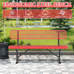 6ft Metal Park Bench with Backrest, Heavy-Duty Steel Outdoor Bench Weatherproof Playground Bench Seats, Commercial Garden Benches Red Dock Benches for Lawn, Park, Deck,Patio, Porch, Easy Installation