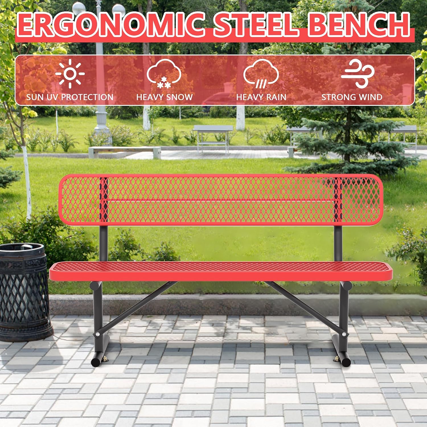 6ft Metal Park Bench with Backrest, Heavy-Duty Steel Outdoor Bench Weatherproof Playground Bench Seats, Commercial Garden Benches Red Dock Benches for Lawn, Park, Deck,Patio, Porch, Easy Installation