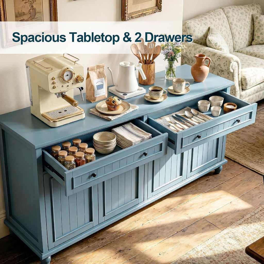 Scurrty Sideboard Buffet Cabinet, 62'' Large Storage Cabinet with Drawers and 4 Doors, Vintage Coffee Bar Cabinets with Adjustable Shelf for Kitchen, Living Room, Blue
