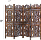 Room Divider Wood Screen - Ghanti Bells Antique Brown - 4 Panel Folding 72 x 80 - Assembled Hand Carved Decorative Functional Versatile Portable Partition Reversible Privacy Boho - COTTON CRAFT