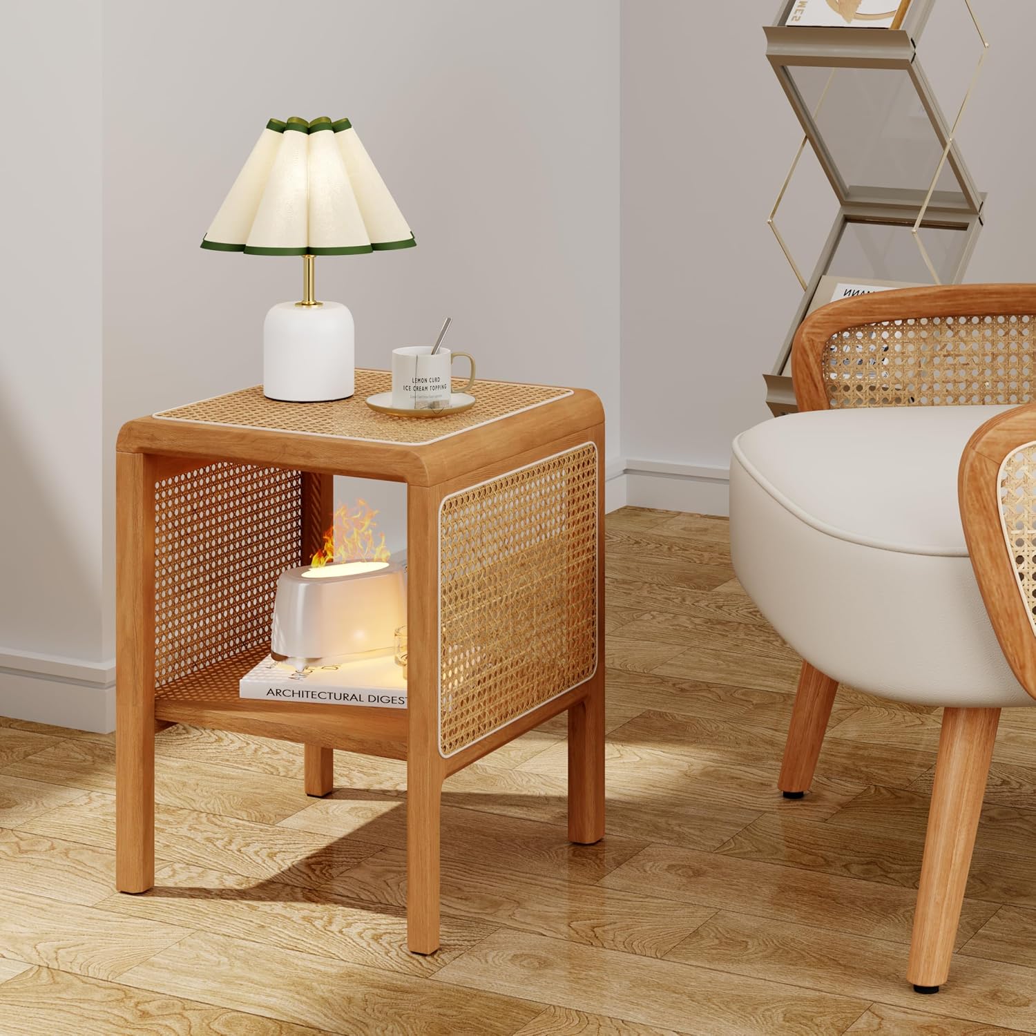 Aklaus Rattan Side Table Small End Table mid Century Living Room Wood Vintage Side Accent Table japandi Rattan Boho nightstand