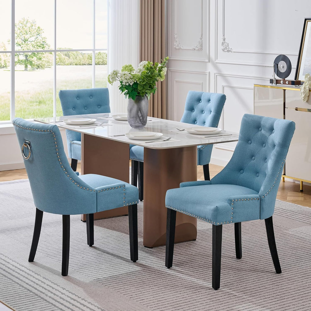 adochr Dining Chairs Set of 4, Upholstered Fabric Dining Room Chairs with Nailhead High Back & Ring Pull & Wooden Legs, Mid-Century Modern Kitchen Chairs for Restaurant, Living Room, Light Blue