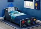 Delta Children Space Adventures Rocket Ship Wood Toddler Bed - Greenguard Gold Certified, Blue & Space Adventures Kids Upholstered Chair, Blue