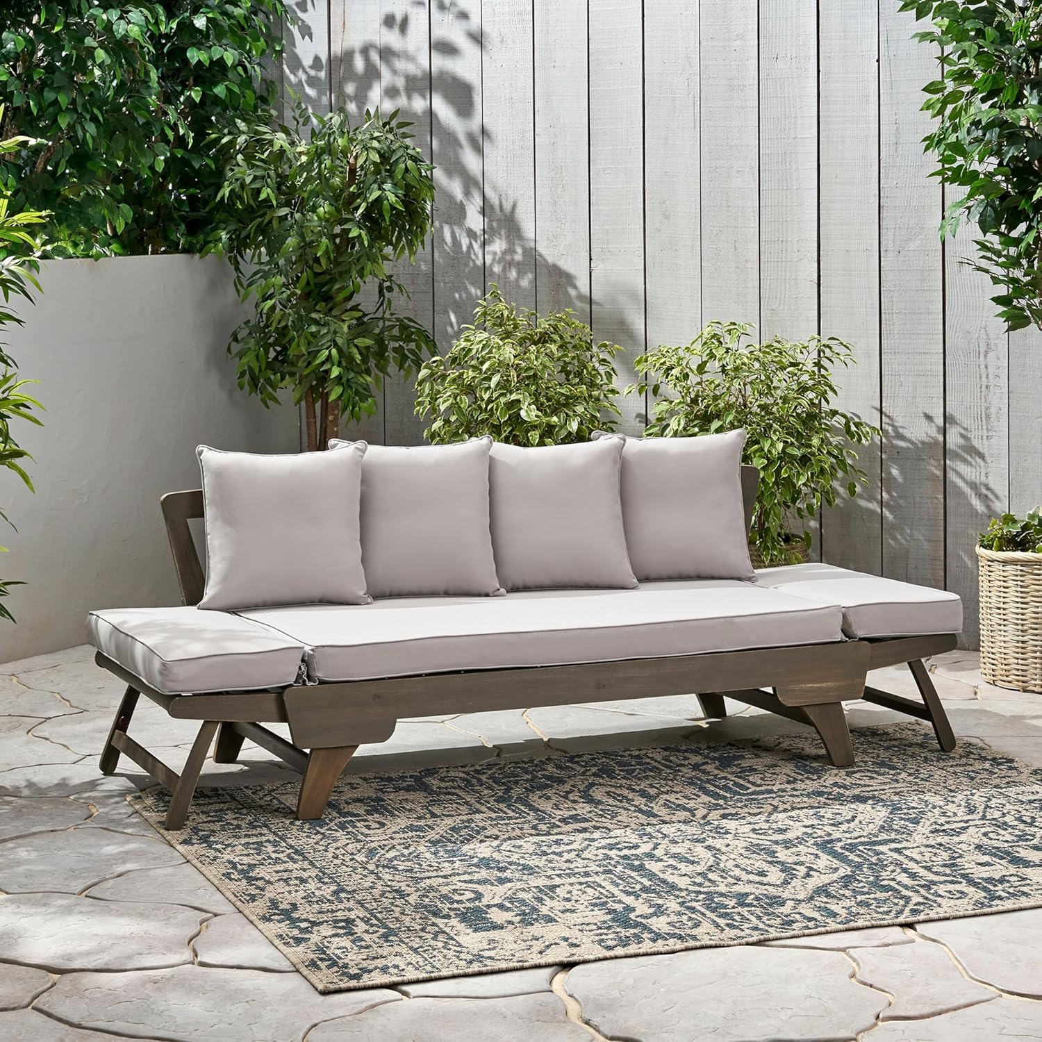 Christopher Knight Home Gary Patio Convertible Couch, Wooden Outdoor Daybed, 3-Seater Acacia Wood Patio Furniture Lounge Sofa for Backyard/Poolside/Garden, Back Pillow+Removable Cushion, Grey