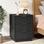 RoyalCraft Black Fluted Nightstand, Modern Bedside Table with 3 Large Storage Drawers, Wood End Table with Metal Handle for Bedroom
