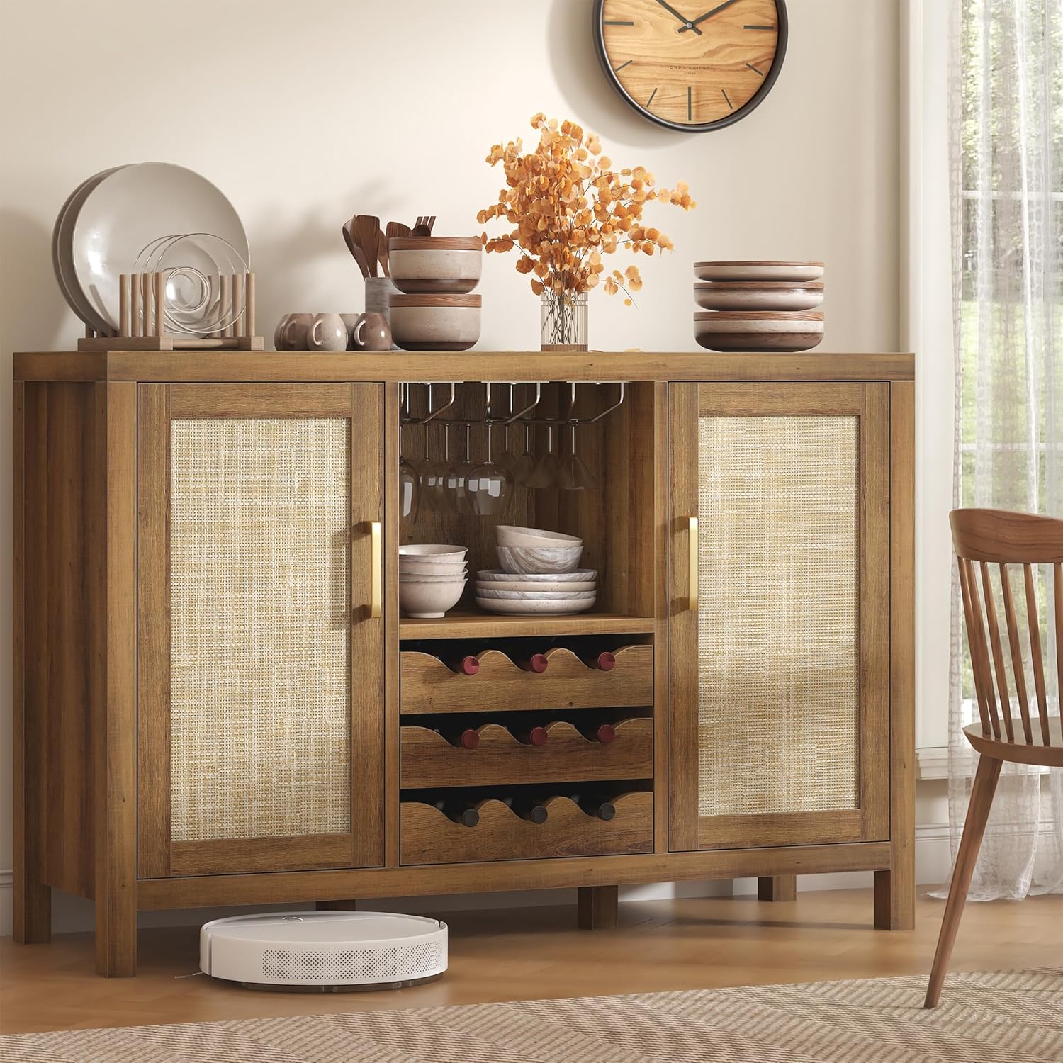 Rattan Wine Bar Cabinet, Boho Rattan Home Bar with Glass Holder and Drawer Style Racks, Oak Sideboard Buffet Storage Cabinet for Living Dining Room Kitchen (Caramel Oak)