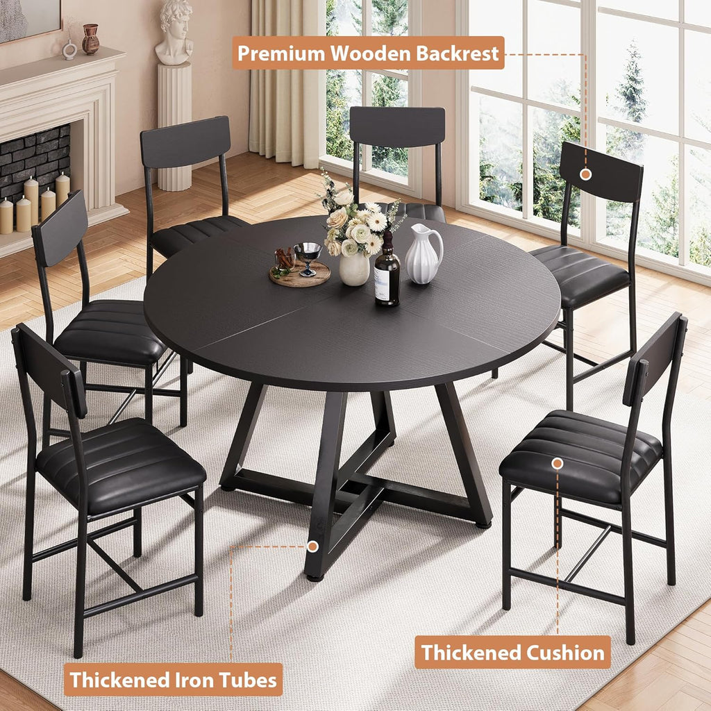 Round Dining Table Set for 6, Kitchen Table and Chairs for 6, Circle Table Round Pedestal Dining Room Dinner Dinette Table Set,7 Piece Space Saving Wood Kitchen & Dining Room Tables (Black, 51In)