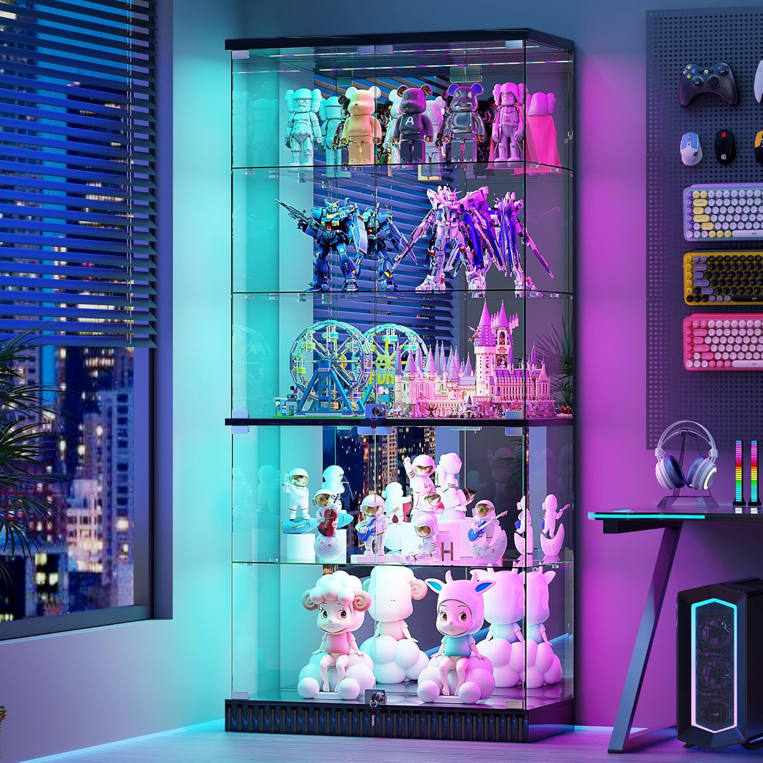 Glass Display Cabinet with RGB Lights - 5-Tiers Curio Cabinet Display Case with Lock, Frameless Display Shelf for Collectibles & Legos, Living Room Bookcase Storage Cabinet, Gift for Father (Black)
