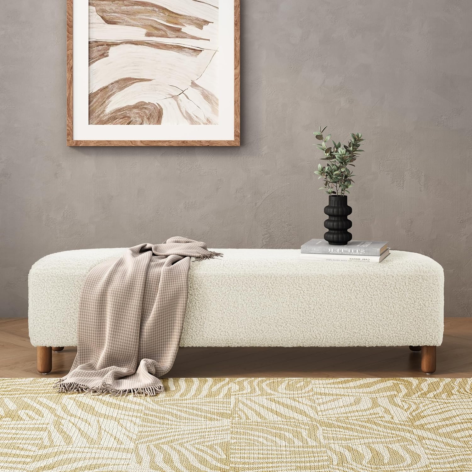60" Dining Bench, Upholstered Ottoman Bench,End of Bed Bench with Wood Base, Long Shoe Bench for Living Room Entryway, 60.25" W x 20.50" D x 15.50" H, White
