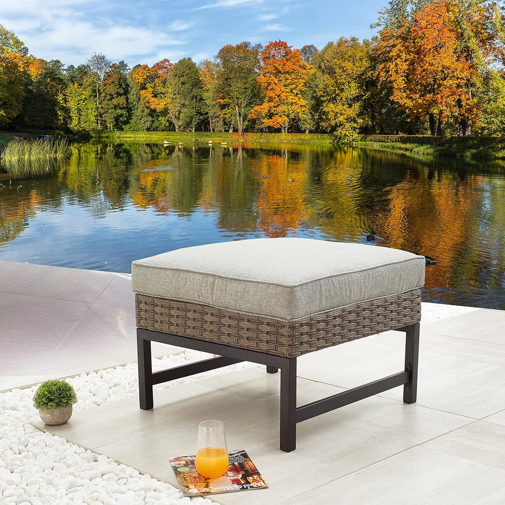 Outdoor Patio Ottoman with Cushion All Weather Wicker Footrest Rattan Furniture Square Footstool Seat with Metal Frame for Deck Yard Lawn