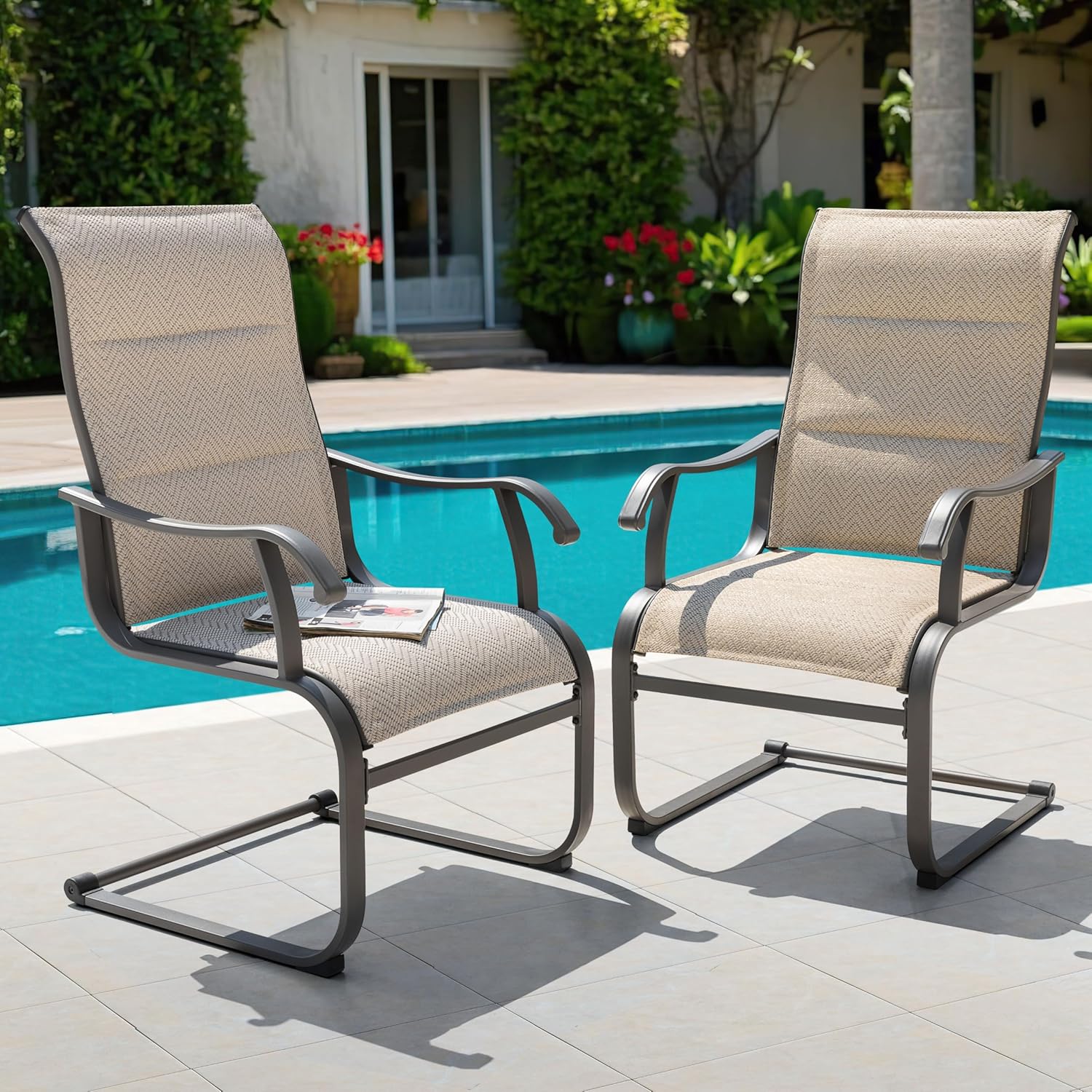 NUU GARDEN Patio Dining Chairs Set of 2, Outdoor Textilene Chairs with High Back and Breathable Seat, for Garden Deck Backyard Porch, Grayish Beige