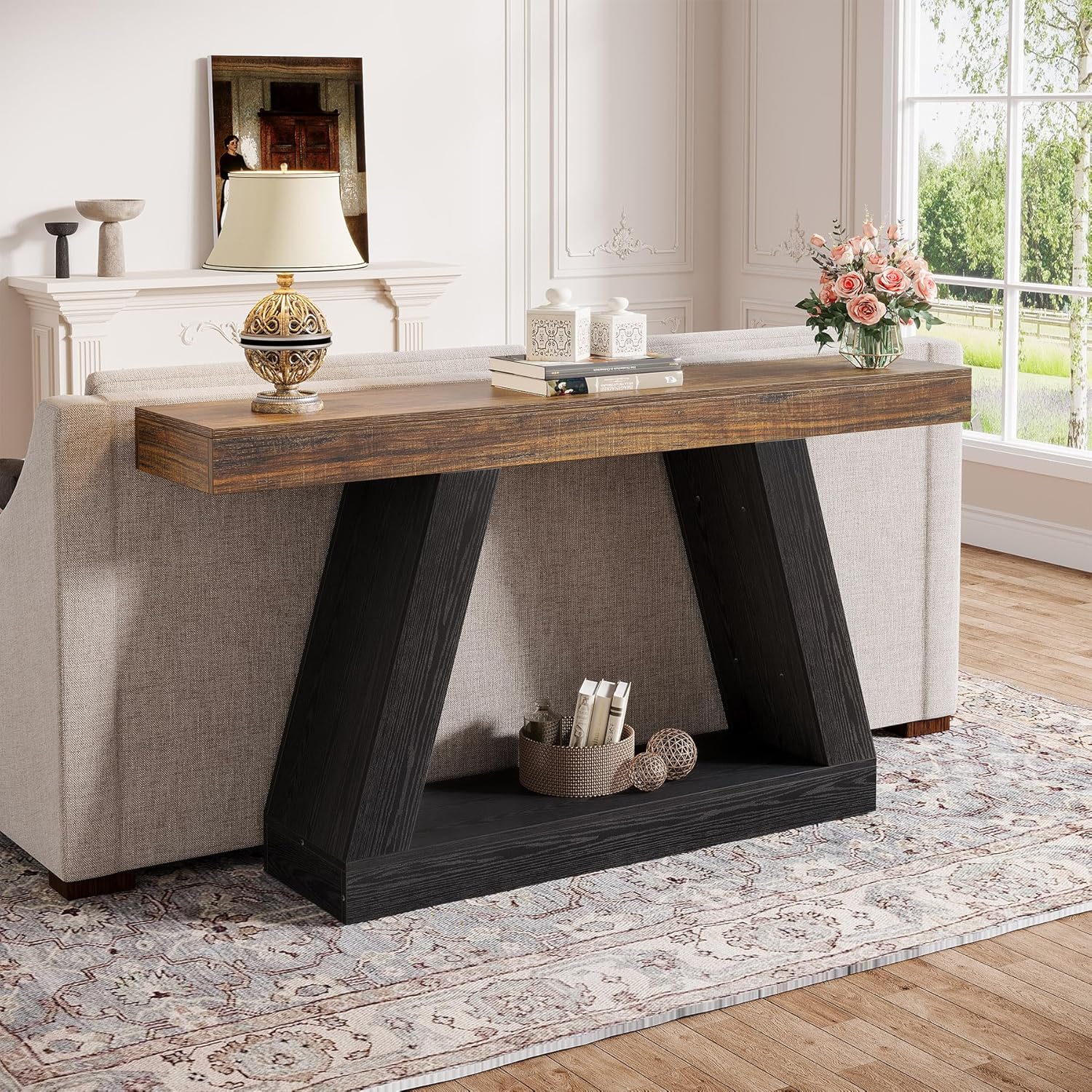 Tribesigns Farmhouse Console Table, 55-Inch Rustic Sofa Table with Storage, Industrial Wooden Entryway Table for Hallway, Living Room, Black & Brown