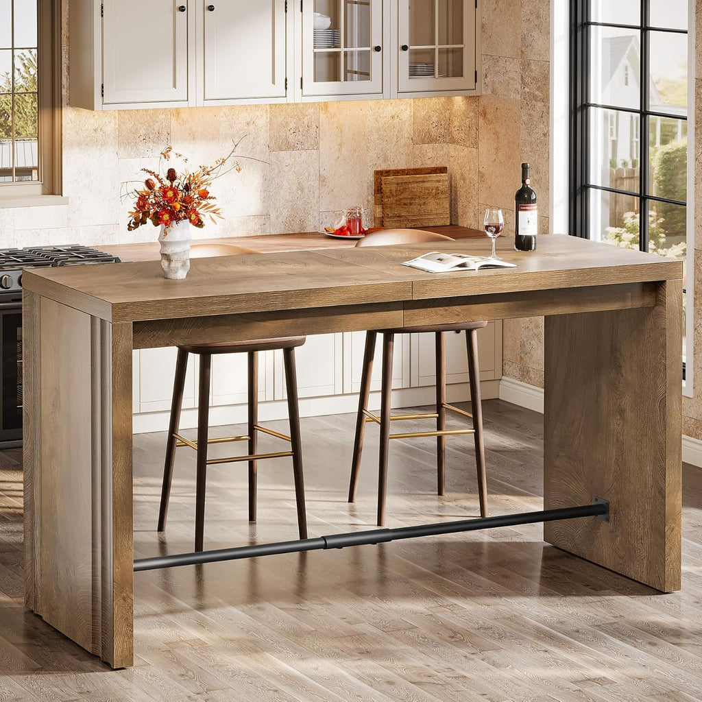 Tribesigns Bar Table, 63-Inch Modern Counter Height Pub Table with Metal Footrest, Rectangular High Bar Dining Table, Home Bar Unit for Kitchen, Dining Room, Living Room, Bistro, Brown
