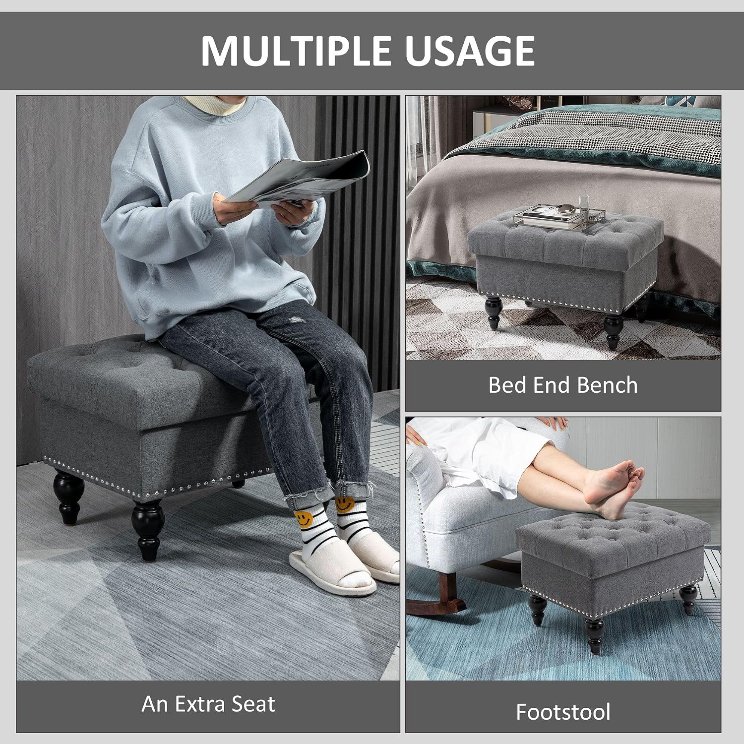 Gray Storage Ottoman with Removable Lid and Tufted Button Top