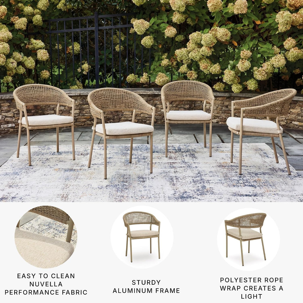 Signature Design by Ashley Ocean Park Set of 4 Outdoor Chairs with Cushions, Stackable, Rope Back, Powder Coated Aluminum Frame, Performance Fabric, Beige