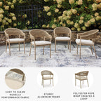 Signature Design by Ashley Ocean Park Set of 4 Outdoor Chairs with Cushions, Stackable, Rope Back, Powder Coated Aluminum Frame, Performance Fabric, Beige