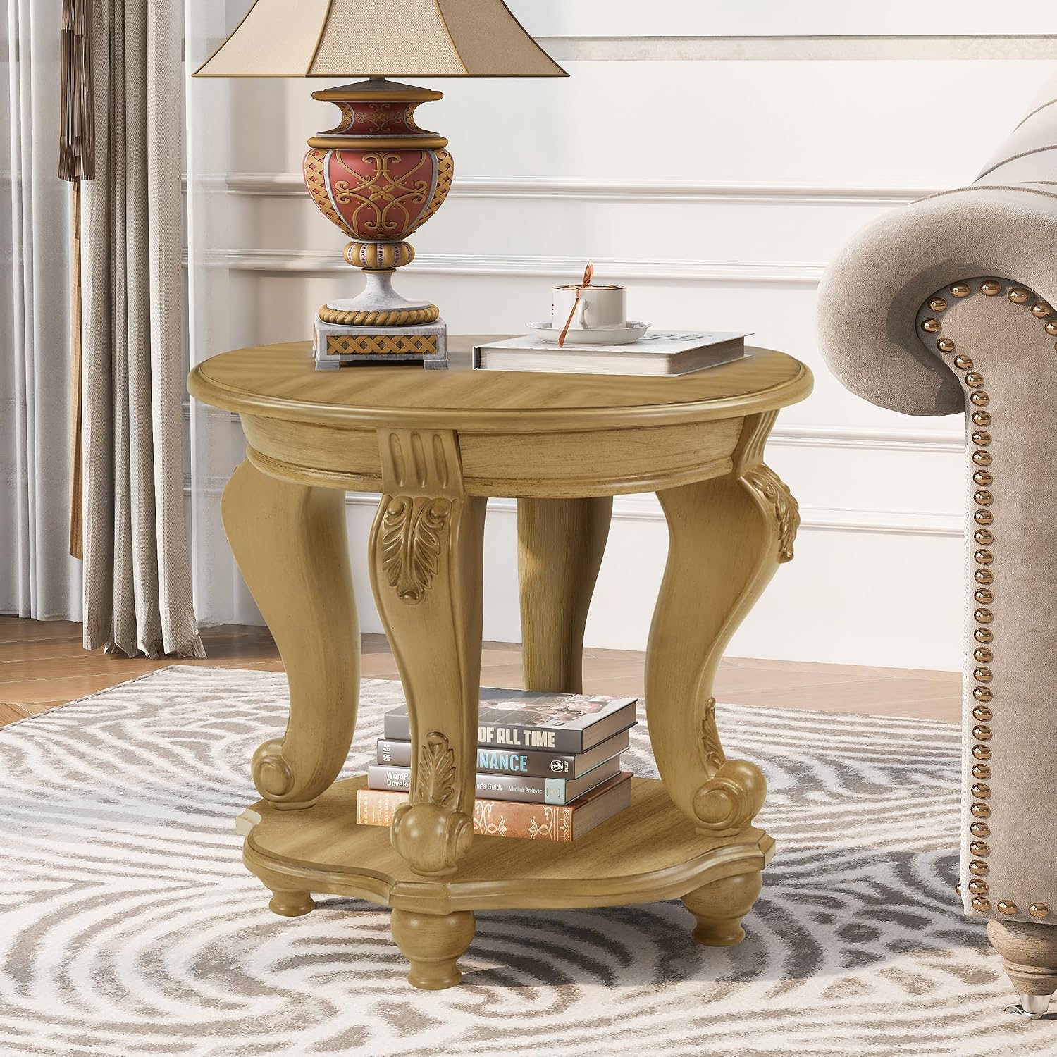 LKTART Round End Tables for Living Room, Vintage Side Table for Small Spaces, Victorian Wooden End Table with Carved Wood Legs, Antique Natural