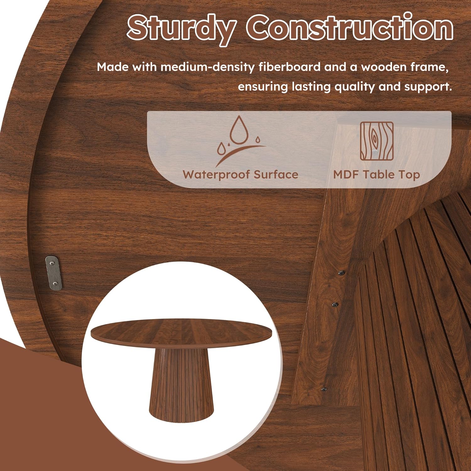 Round Dining Room Table, Farmhouse Kitchen Table with Wood Strip Base, 47.2“ Circle Table with Walnut Veneer Finish, Easy Assembly