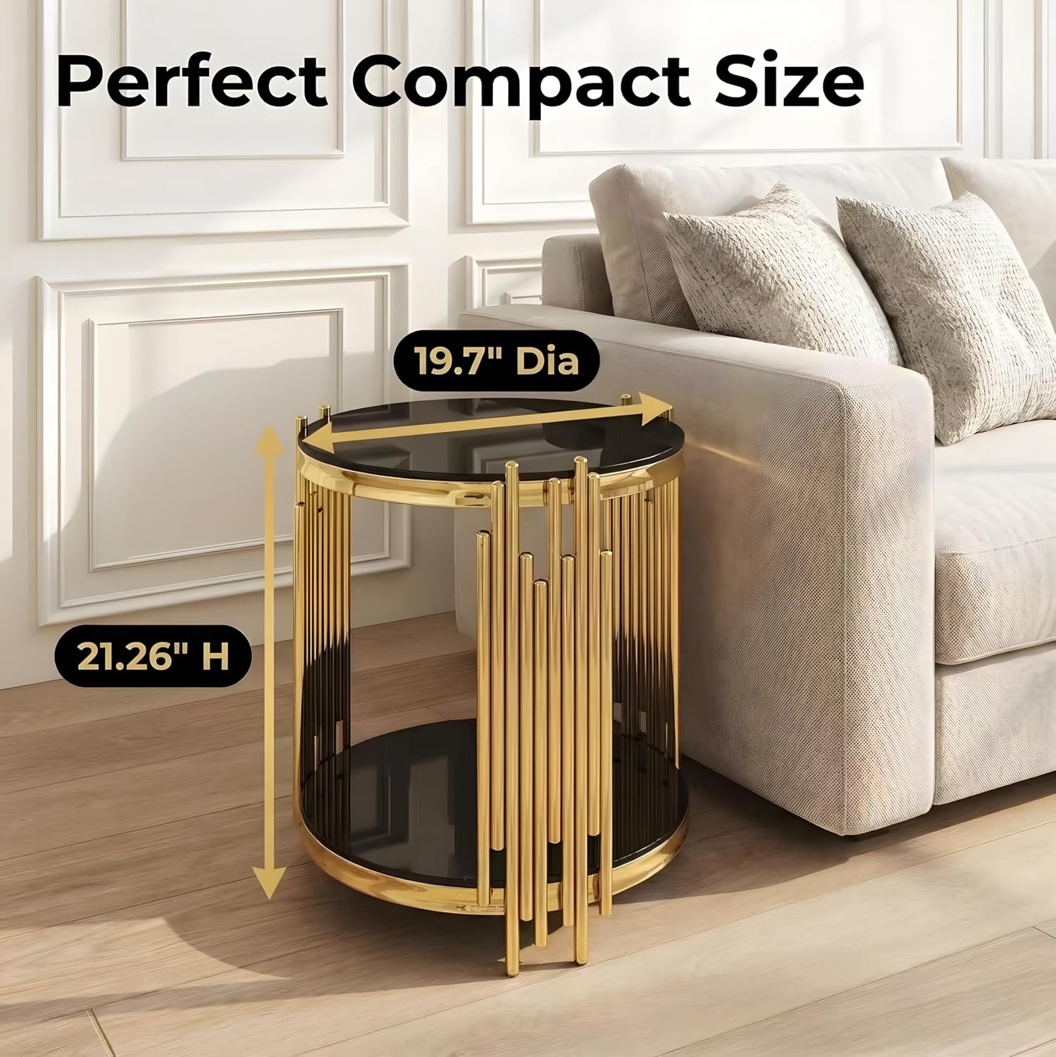 Round Glass End Table with 2-Tier Tempered Glass Top, Stainless Steel Legs Side Table, Modern Accent Table for Living Room Bedroom Home Office
