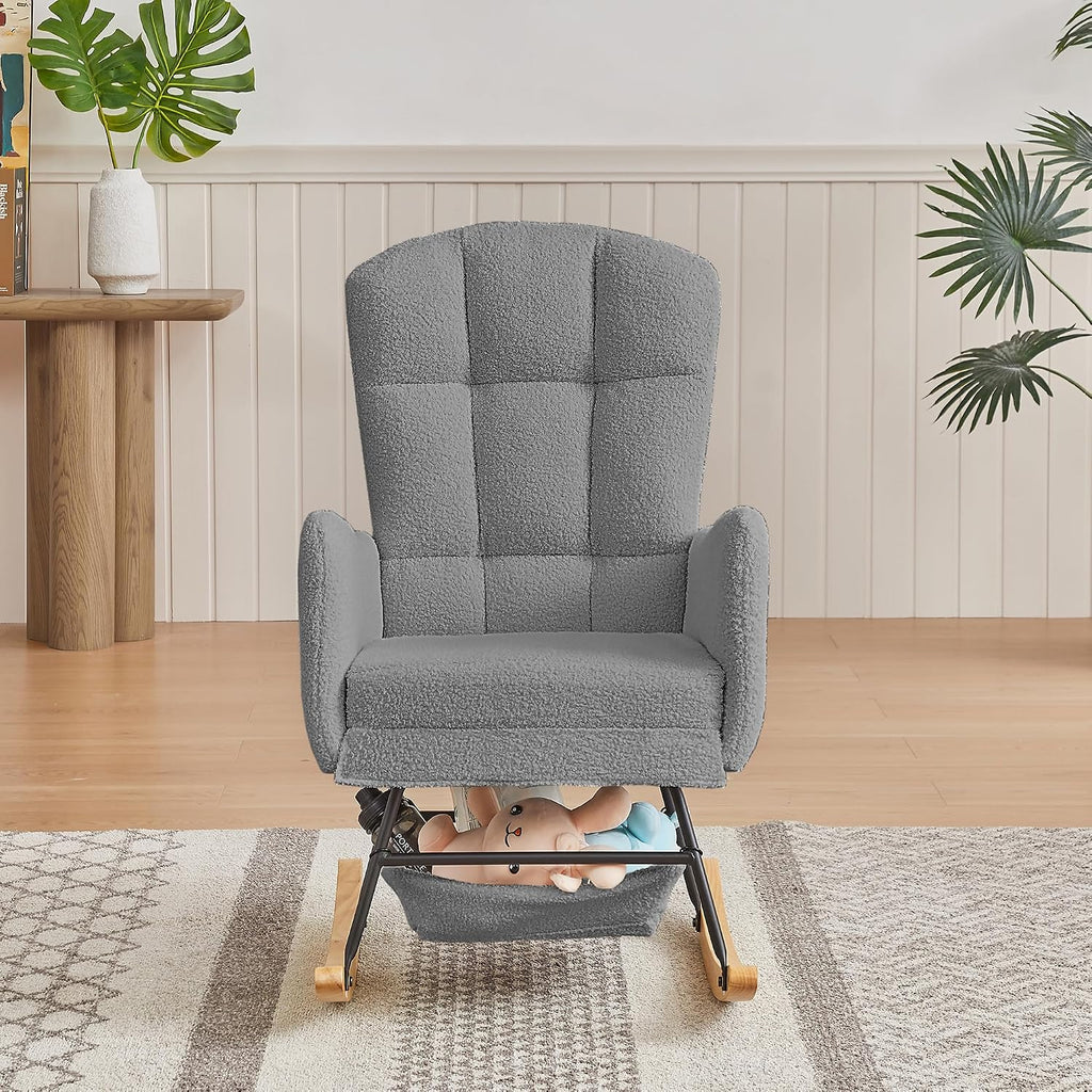 Grey Teddy Rocking Chair Outdoor Adulto Bedroom Nursery Indoor Wooden,A3 | Soft teddy fabric surface, high backrest, well-placed armrests, easy assembly with detailed instructions