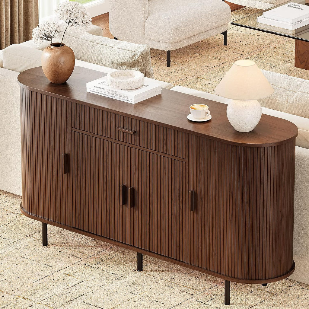 ONBRILL 63“ Sideboard Buffet Cabinet with Storage, Sideboard with 1 Drawer & 2 Door Shelves, Mid-Century Modern Kitchen Cabinets with Sliding Door, Coffee Bar Cabinet for Kitchen, Living Room, Walnut