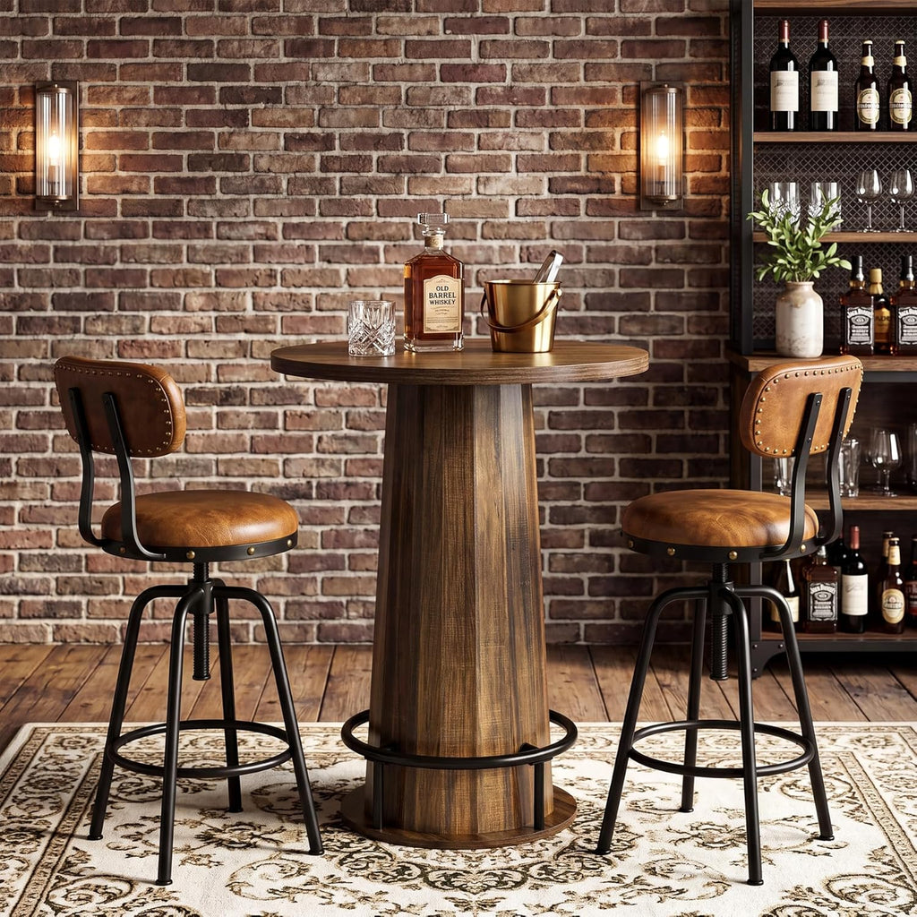 LITTLE TREE 31.5'' Round Bar Table, 37.4" H Wood Pub Table with Metal Ring Footrest, Industrial Farmhouse Bar Table for Kitchen, Dining Room, Pub, Rustic Brown(Only Table)