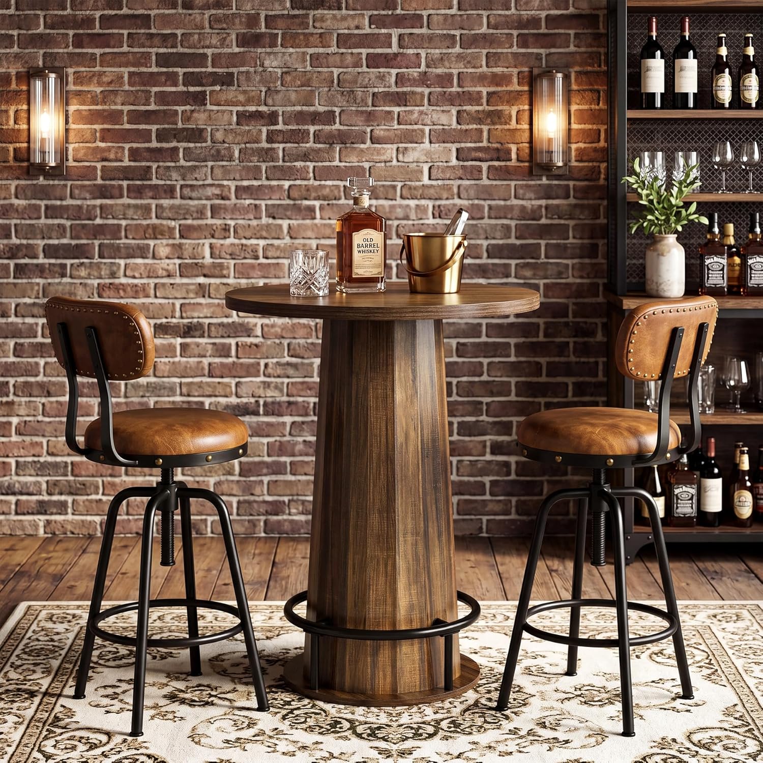 LITTLE TREE 31.5'' Round Bar Table, 37.4" H Wood Pub Table with Metal Ring Footrest, Industrial Farmhouse Bar Table for Kitchen, Dining Room, Pub, Rustic Brown(Only Table)