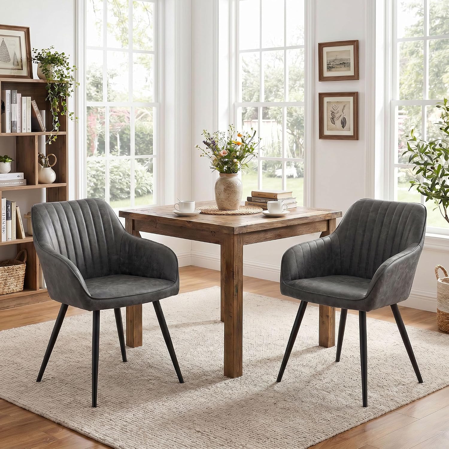 Awonde Faux Leather Dining Chairs with Arms Set of 2, Mid Century Modern Upholstered Accent Arm Chairs with Metal Legs, Side Chairs for Living Room Bedroom Dining Office Apartment, Grey