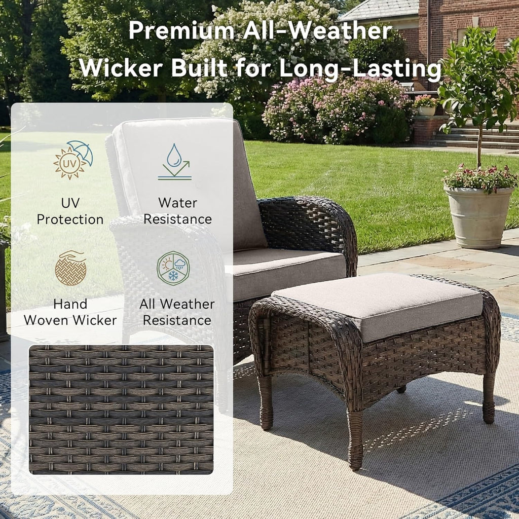 Outdoor Ottomans for Patio Foot Rest - 25 Inch PE Wicker Foot Stool Set of 2 with Removable Cushions for Patio Furniture Sets,All Weather Rattan Ottoman for Balcony Deck Blue/Gray