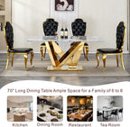 70 Inch Modern Rectangle Dining Table for 6, Faux Marble Top with Mirrored Stainless Steel Base, Large Kitchen Table for Dining Room, Living Room, Office, Conference, (Table Only) (Gold + Grey)