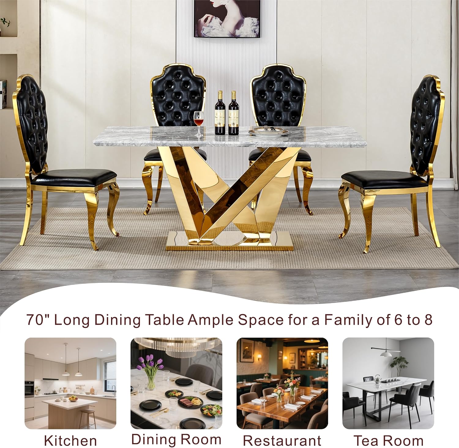 70 Inch Modern Rectangle Dining Table for 6, Faux Marble Top with Mirrored Stainless Steel Base, Large Kitchen Table for Dining Room, Living Room, Office, Conference, (Table Only) (Gold + Grey)
