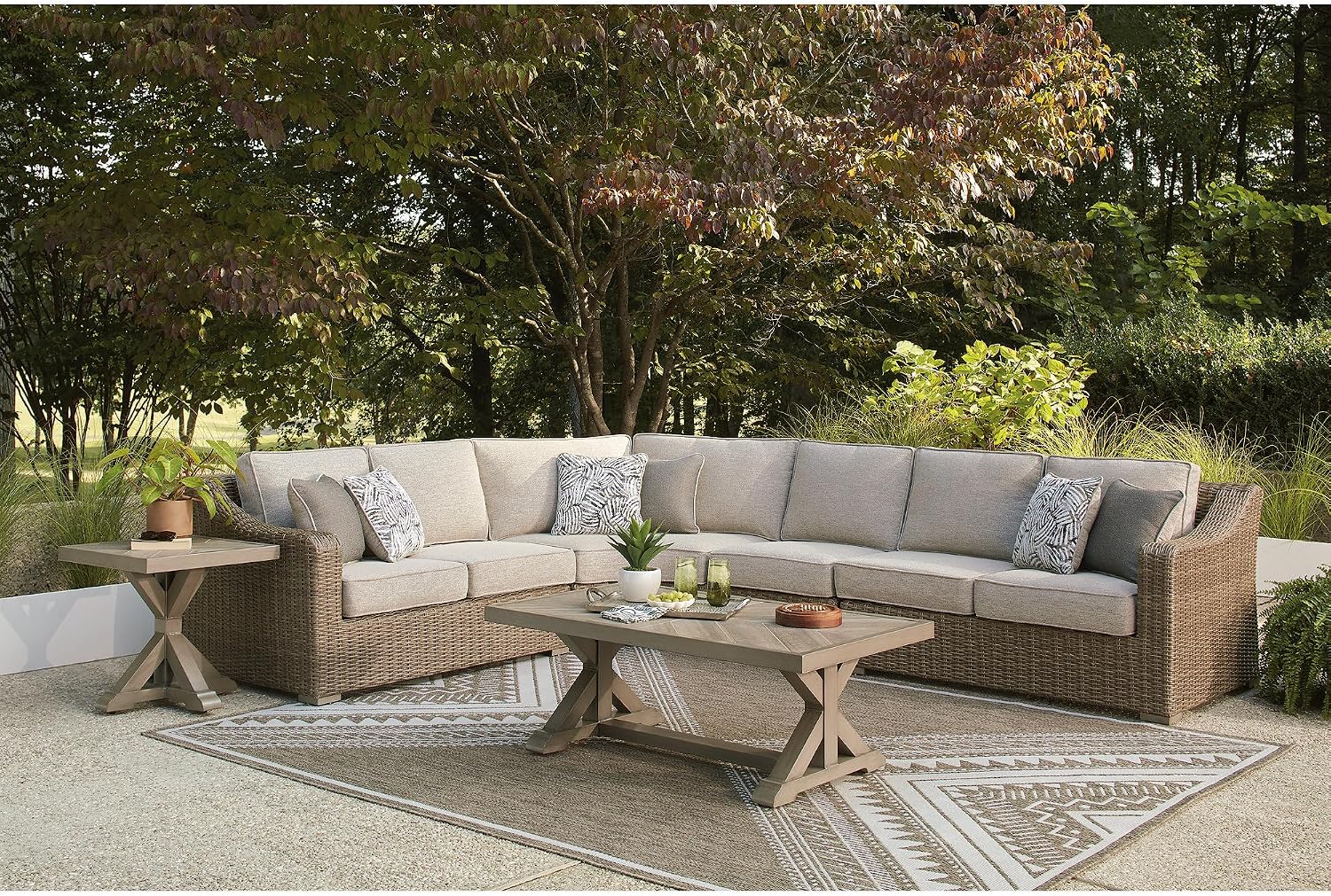 Signature Design by Ashley Revare Beach Coastal Weather Resistant 4-Piece Outdoor Sectional with Removable Cushions and 6 Accent Pillows, Beige