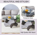 Round Glass Top Coffee Tables, 33.4 Inch Gray Coffee Table with Crossed Legs, Modern Mid Century Round Coffee Tables for Living Room, Circle Glass Coffee Tables for Living Room