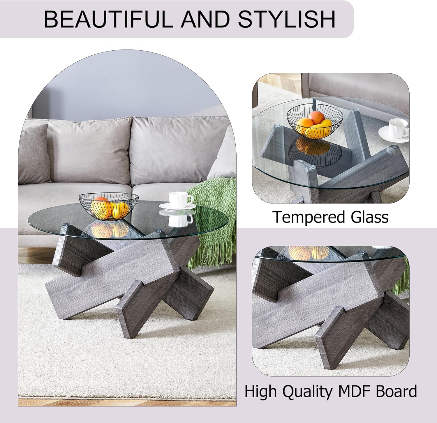 Round Glass Top Coffee Tables, 33.4 Inch Gray Coffee Table with Crossed Legs, Modern Mid Century Round Coffee Tables for Living Room, Circle Glass Coffee Tables for Living Room