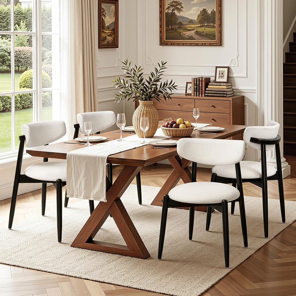 SUBRTEX Dining Chairs Set of 4,Upholstered Dining Room Chairs with Curved Backrest & Solid Wood Legs, Mid Century Modern Farmhouse Kitchen Chairs, Cream & Black Legs