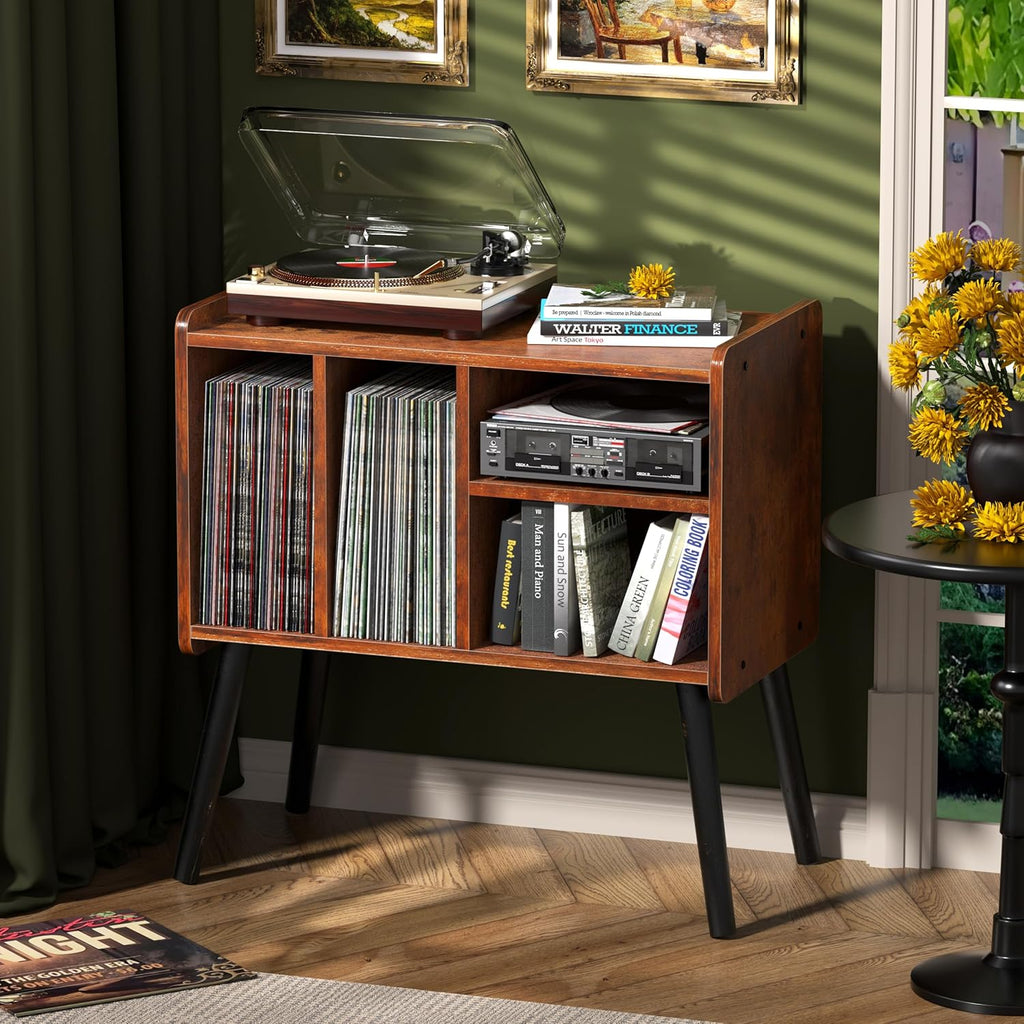 Record Player Table, Mid-Century Record Player Stand with Vinyl Storage Hold Up to 150+ Albums, Vinyl Record Cabinet with Adjustable Shelves, Wood Turntable Stand for Music Living Room (Brown)