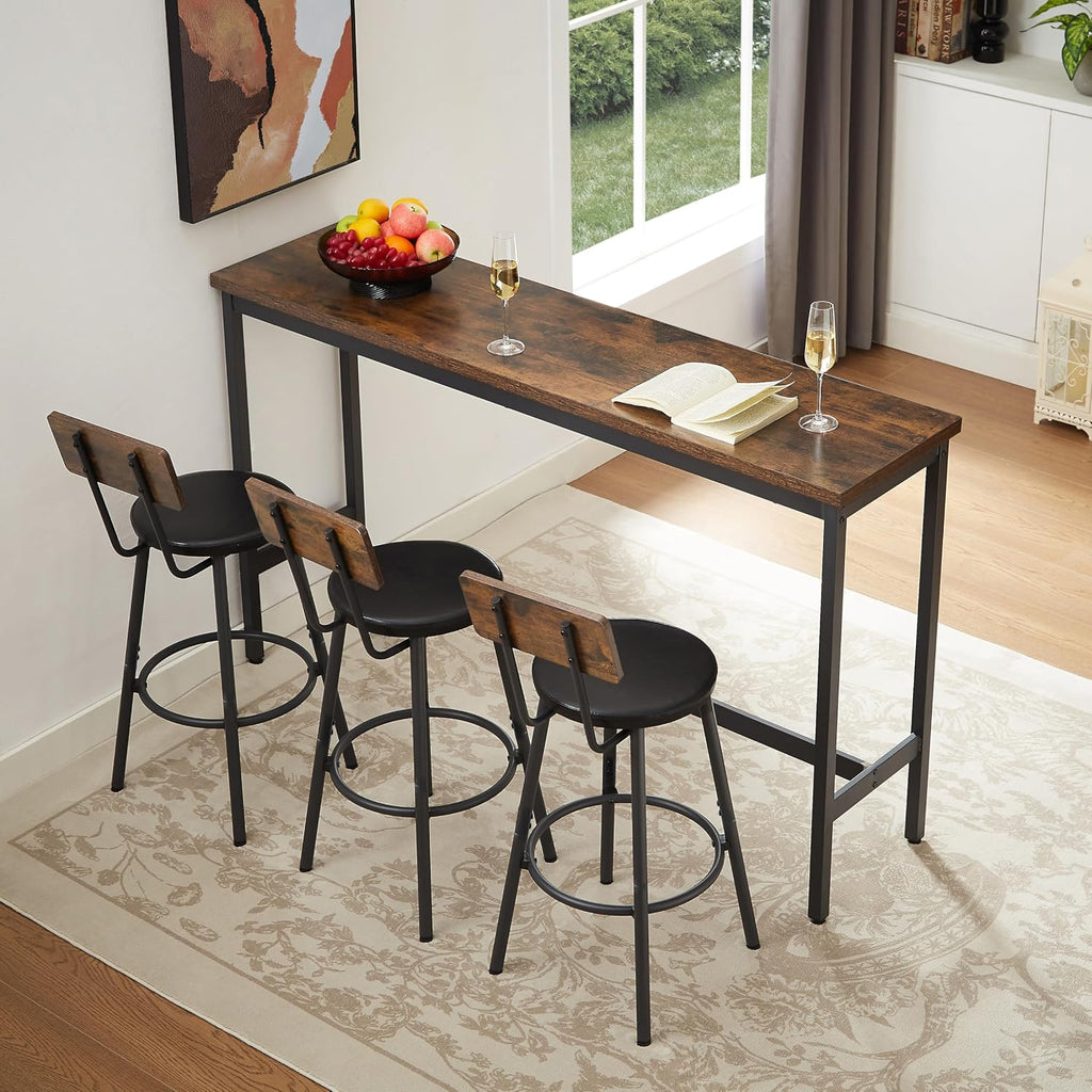 Elevon Long Bar Table Set with 3 PU Upholstered Bar Stools, Dining Table and Chair Sets, Industrial Tall Coffee Table and Back Chair for Kitchen, Living Room, Party Room, Small Space, Pub, Brown