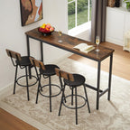 Elevon Long Bar Table Set with 3 PU Upholstered Bar Stools, Dining Table and Chair Sets, Industrial Tall Coffee Table and Back Chair for Kitchen, Living Room, Party Room, Small Space, Pub, Brown