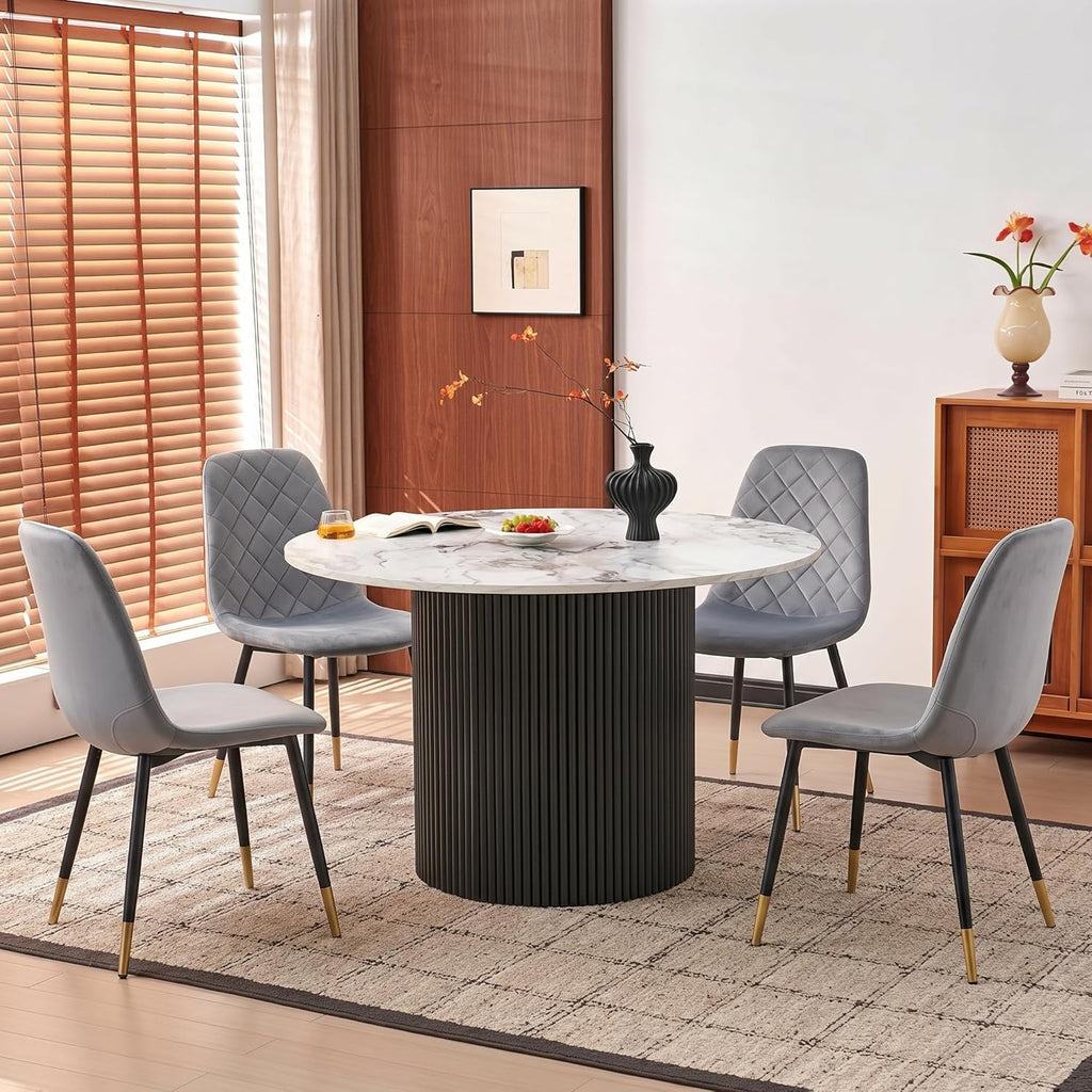 White Round Dining Table Set for 4, Modern Mid Century Wooden Kitchen & Dining Room Table Set, 5 Piece Space Saving (47In Faux Marble Table + 4 Grey Velvet Chairs)