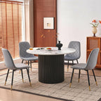 White Round Dining Table Set for 4, Modern Mid Century Wooden Kitchen & Dining Room Table Set, 5 Piece Space Saving (47In Faux Marble Table + 4 Grey Velvet Chairs)