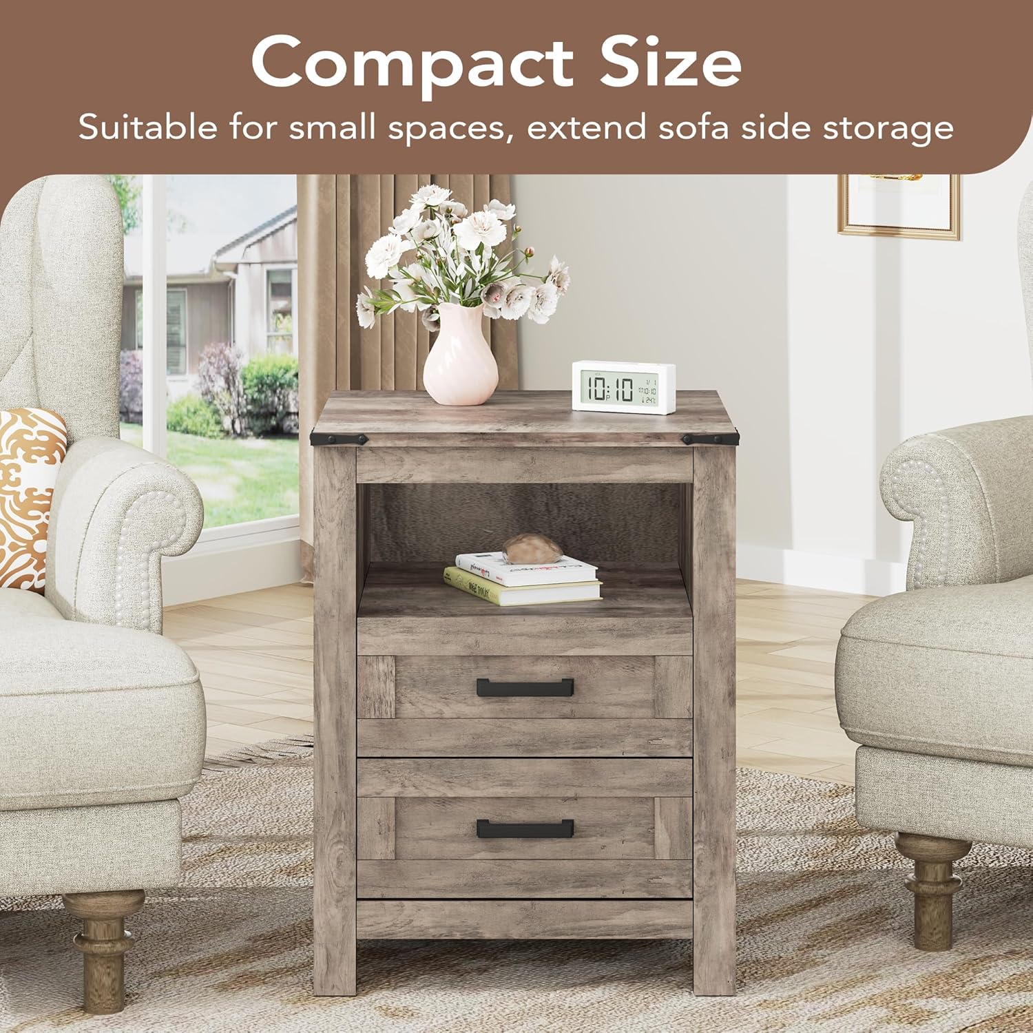 EazeHome Farmhouse End Table, 18” Wooden Side Sofa Table with 2 Drawers and Open Storage Compartment, Retro Accent Bedside Table for Small Spaces, Living Room, Bedroom, Antique Gray