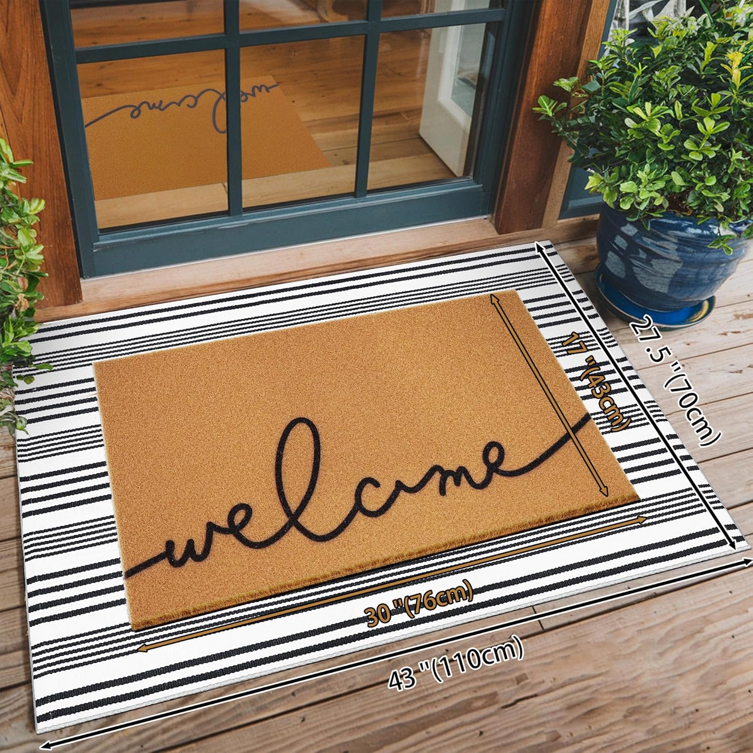 2 Pcs Summer Door Mat, Coco Coir Welcome Doormat with Black and White Striped Mats, Extra Thick & Non-Slip Backing for Farmhouse Front Porch Entryway, Seasonal Layered Porch Décor Floor Mat (Welcome)