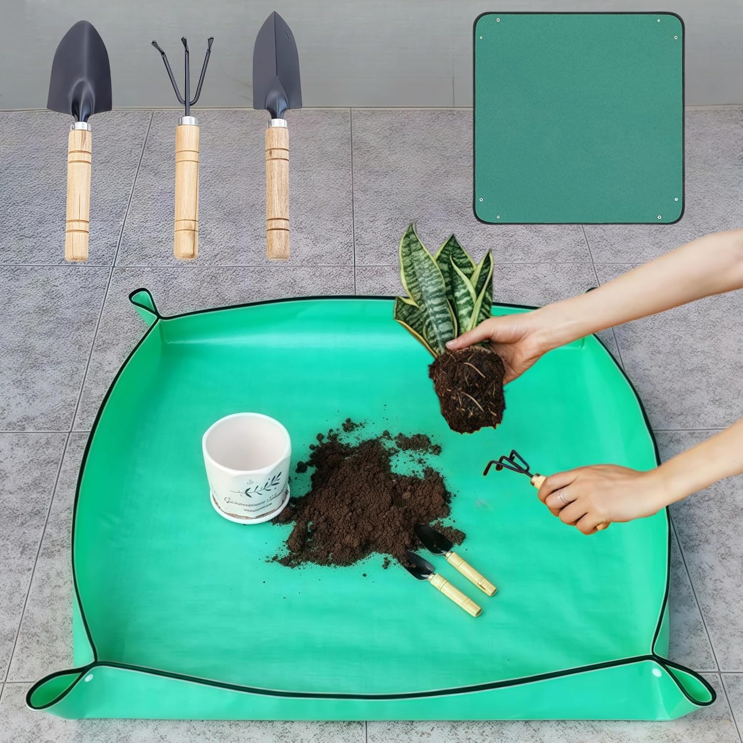1SET 29" PE Plant Mat & 3PCS Iron Tool Set - Waterproof Repotting Kit for Succulent Gardening, Green