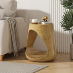 14.5" W Small Hollow Side Table, Wood-Like Texture Accent End Table, Magnesium Oxide (MGO) Finish Round Pedestal Side End Table for Living Room Household Restaurant Homestay - Natrual Oak
