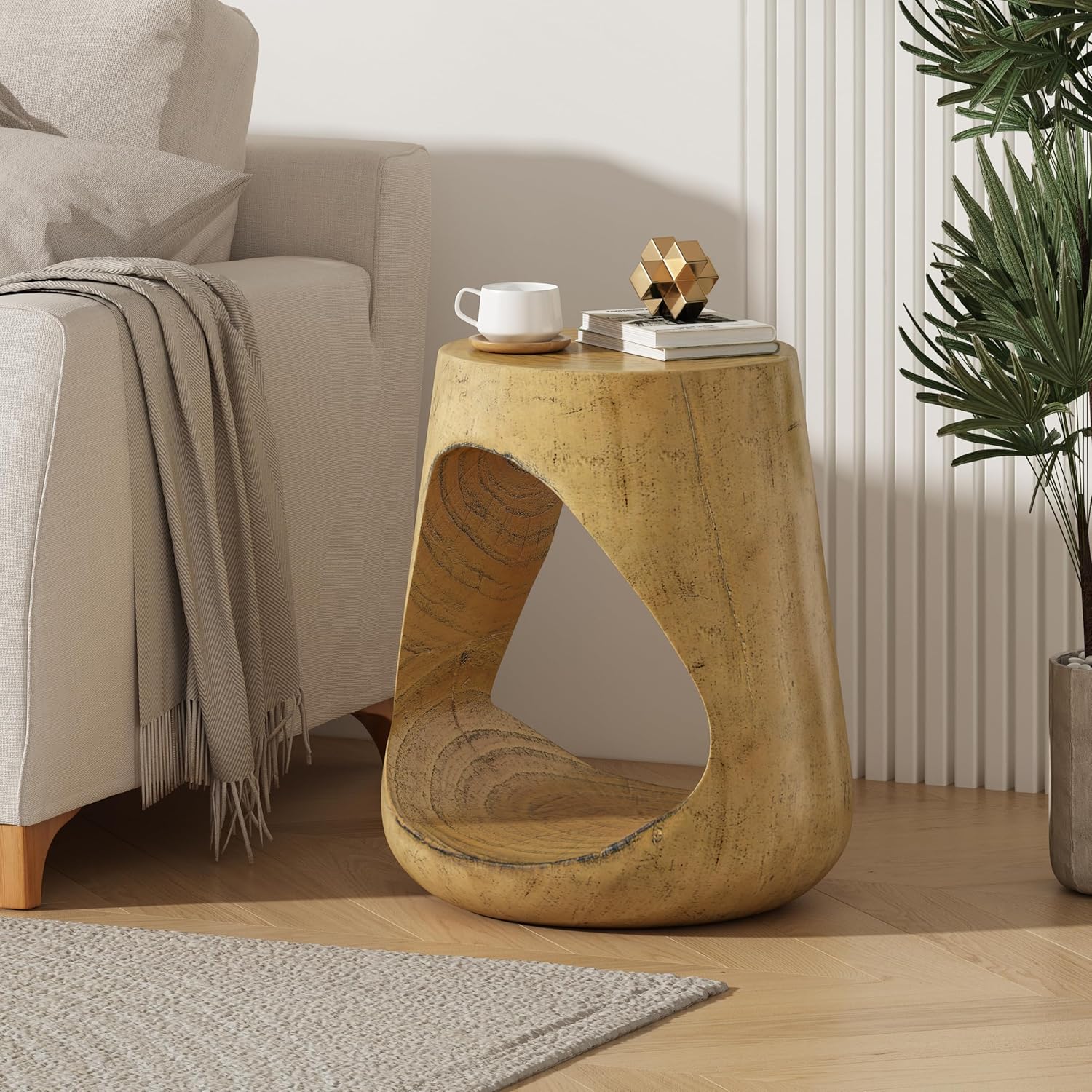 14.5" W Small Hollow Side Table, Wood-Like Texture Accent End Table, Magnesium Oxide (MGO) Finish Round Pedestal Side End Table for Living Room Household Restaurant Homestay - Natrual Oak